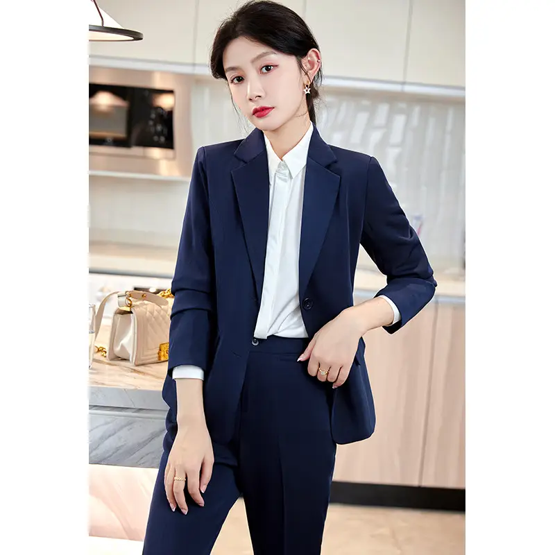 Women Navy Blue Suit Summer Office Dress - Image 8