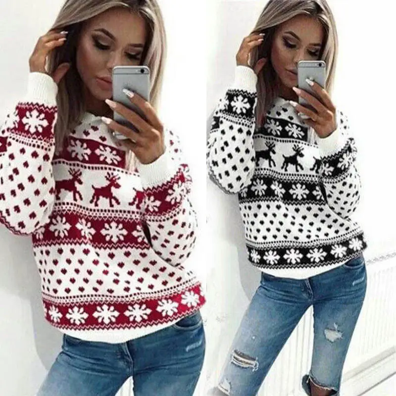 Women Christmas Deer Print Long Sleeve Sweater Red White - Image 3