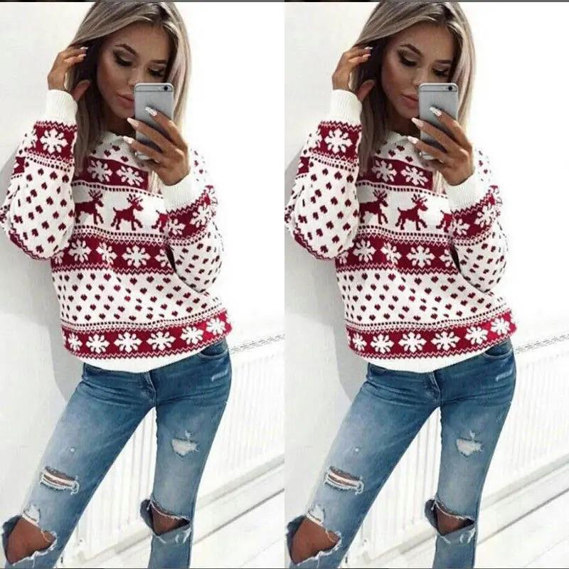 Women Christmas Deer Print Long Sleeve Sweater Red White - Image 6