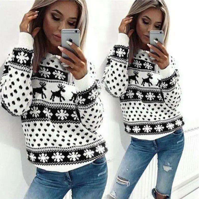 Women Christmas Deer Print Long Sleeve Sweater Red White - Image 2