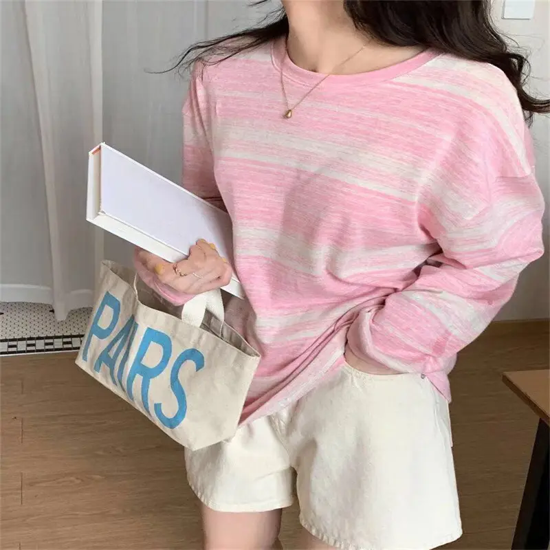 Women Striped T-Shirt Blue Long Sleeve Spring Autumn 2021 - Image 2