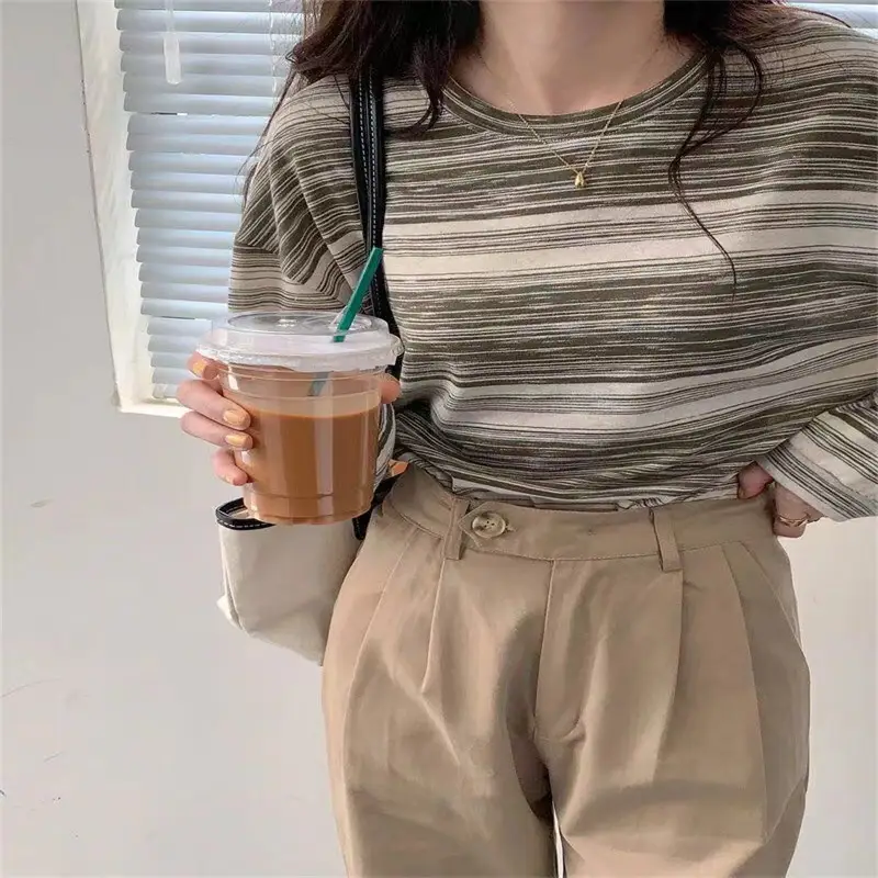 Women Striped T-Shirt Blue Long Sleeve Spring Autumn 2021 - Image 3