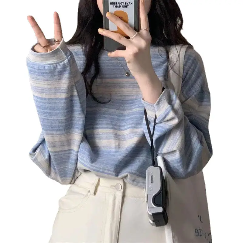 Women Striped T-Shirt Blue Long Sleeve Spring Autumn 2021 - Image 5
