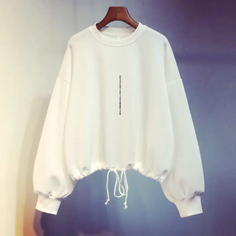 Women Black Long Sleeve Sweatshirt with Lace-Up Drawstring - Image 5