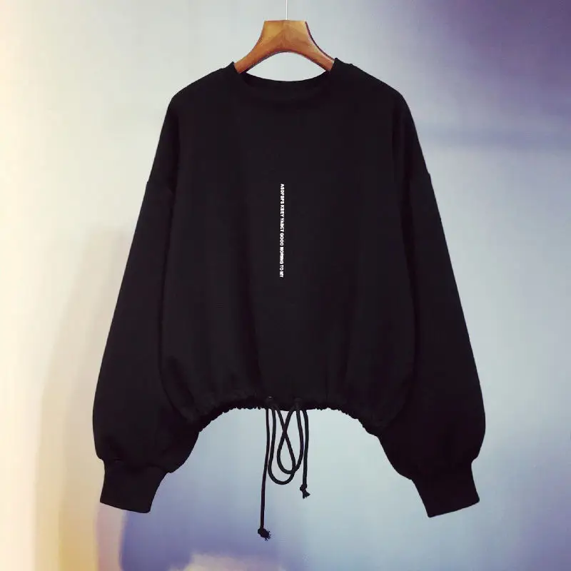 Women Black Long Sleeve Sweatshirt with Lace-Up Drawstring - Image 6