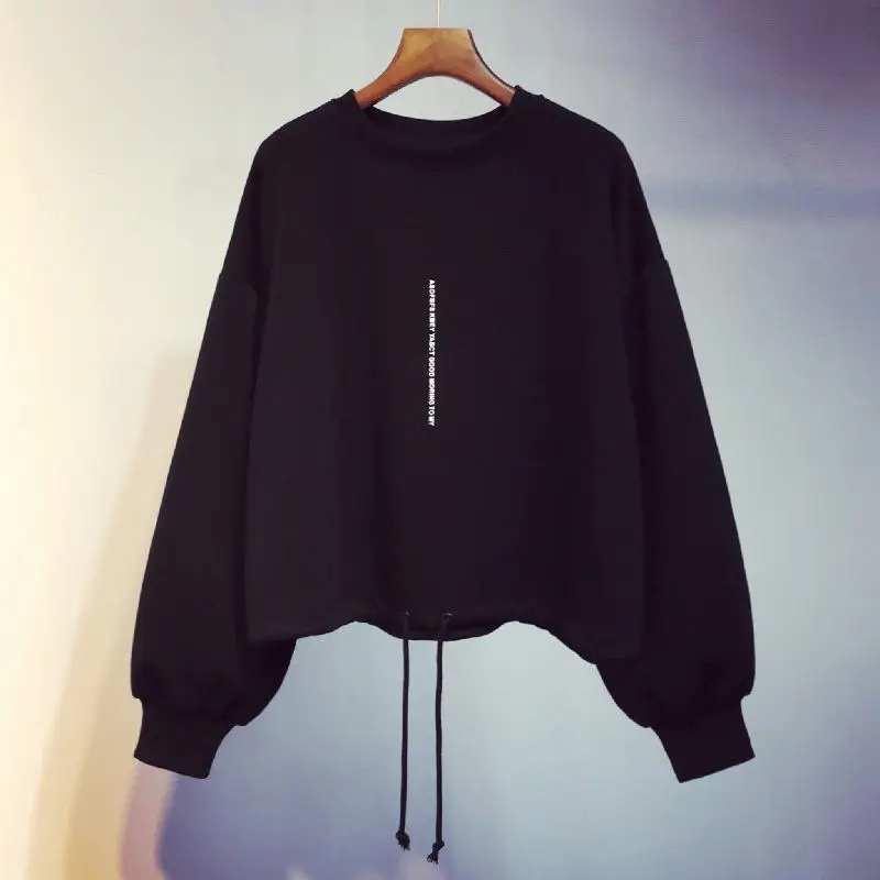 Women Black Long Sleeve Sweatshirt with Lace-Up Drawstring - Image 8