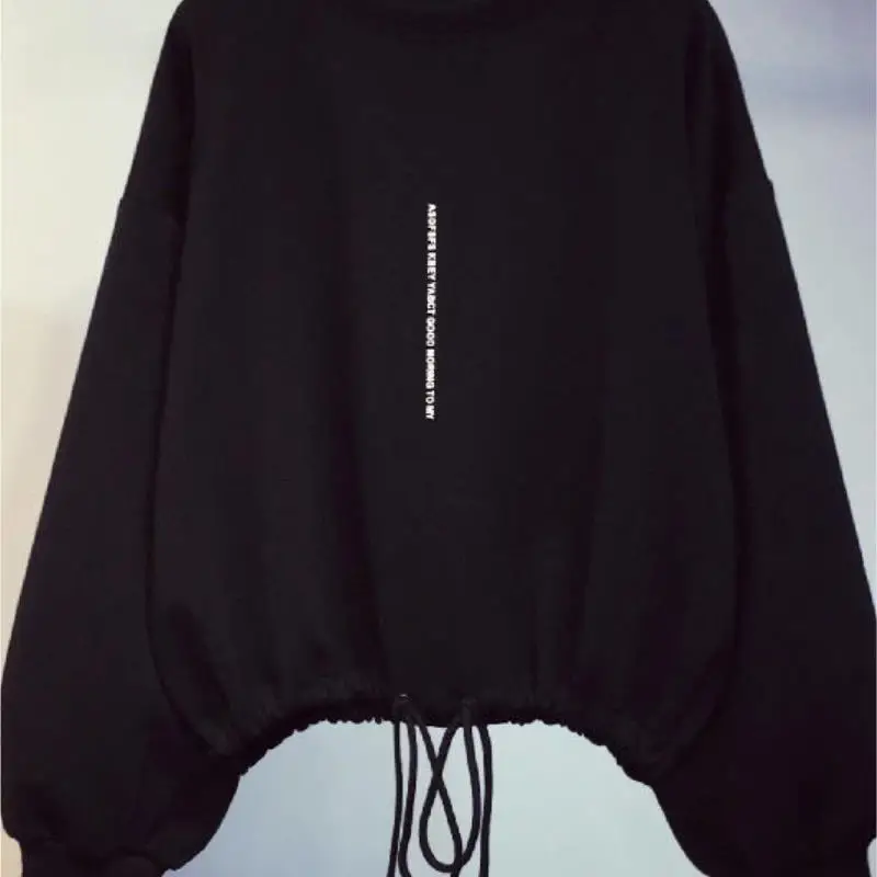 Women Black Long Sleeve Sweatshirt with Lace-Up Drawstring - Image 9