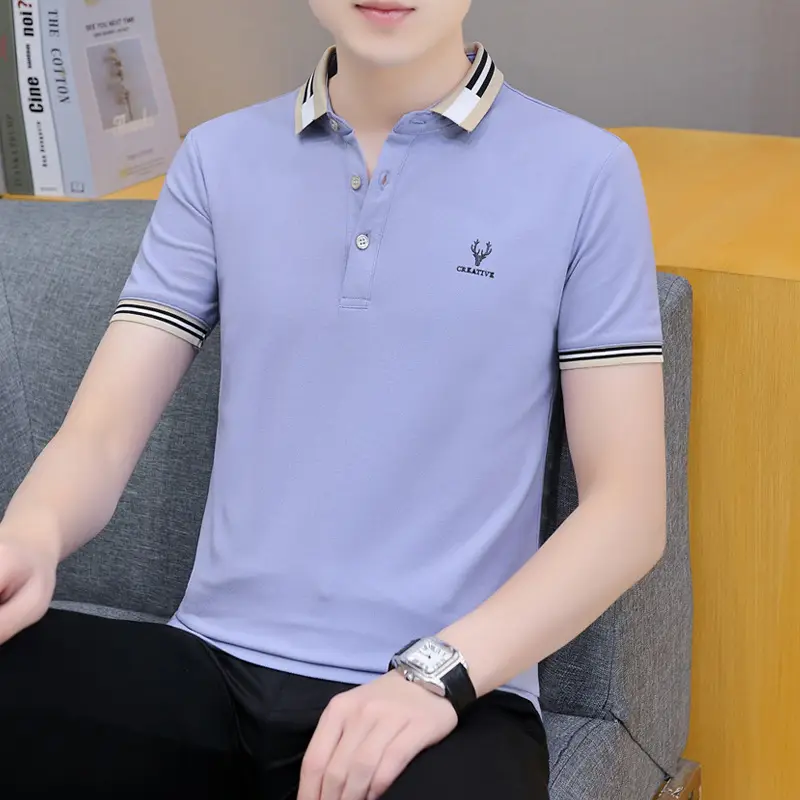 2025 Men's Light Blue Korean Polo T-Shirt Short Sleeve - Image 7