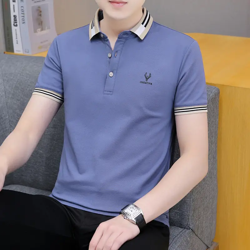 2025 Men's Light Blue Korean Polo T-Shirt Short Sleeve - Image 9