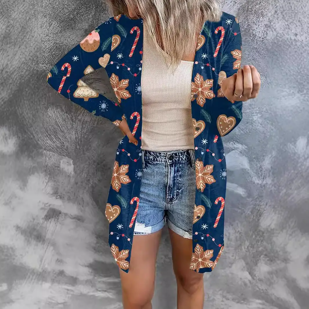 Women's Printed Cardigan Coat Winter Casual Loose Top - Image 7