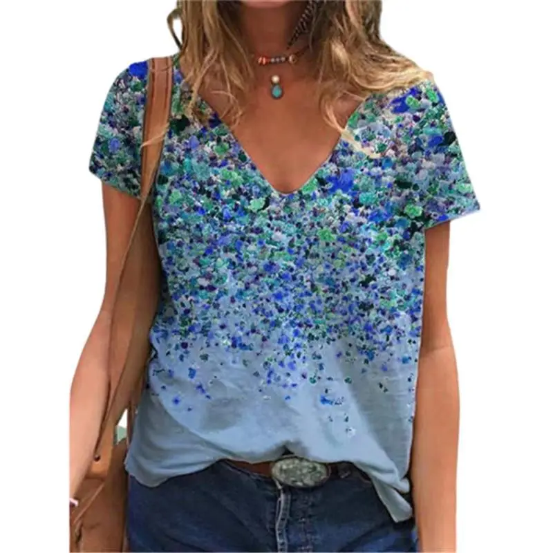 2021 V-Neck Printed T-Shirt Women Purple Floral - Image 8