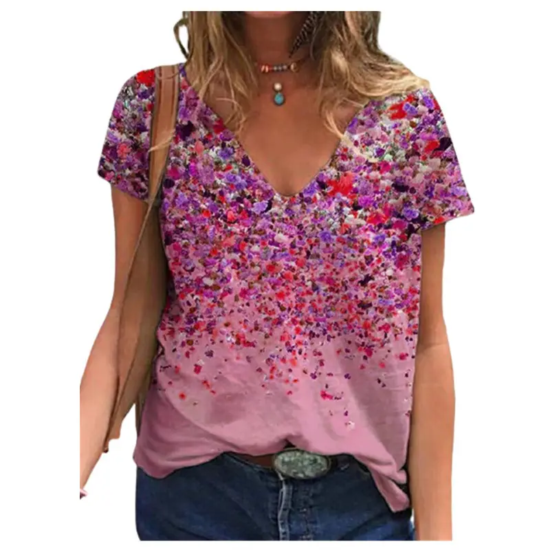 2021 V-Neck Printed T-Shirt Women Purple Floral - Image 4