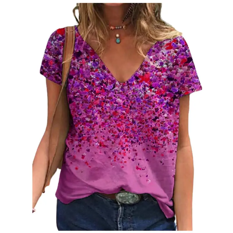 2021 V-Neck Printed T-Shirt Women Purple Floral - Image 5