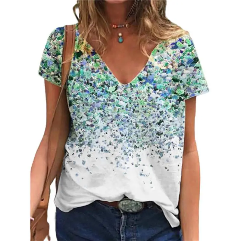 2021 V-Neck Printed T-Shirt Women Purple Floral - Image 6