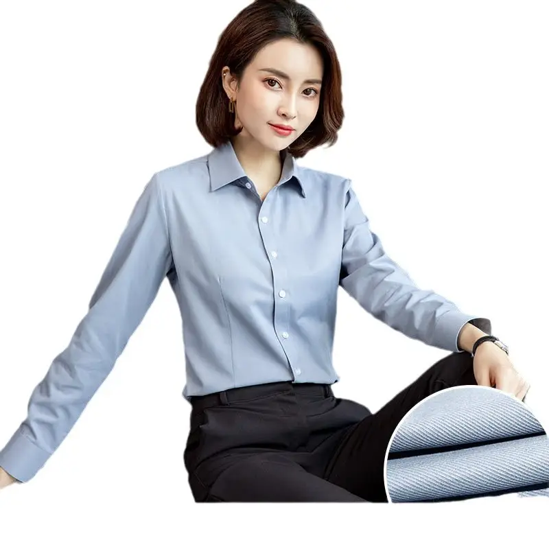 Women's Blue Velvet Button-Down Shirt Short Sleeve Business Wear - Image 23