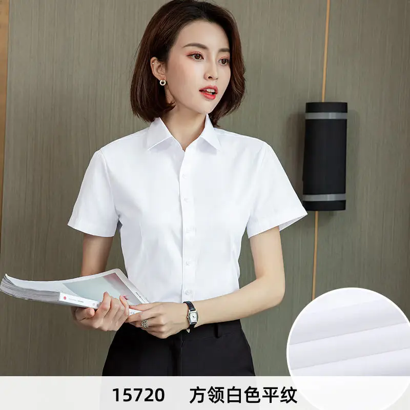 Women's Blue Velvet Button-Down Shirt Short Sleeve Business Wear - Image 11