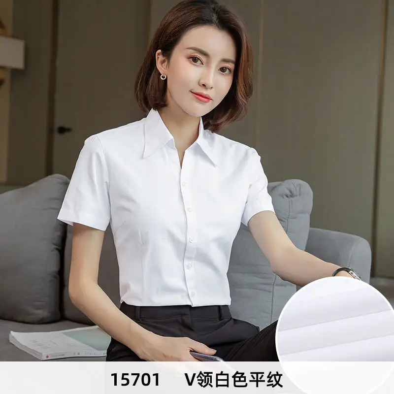 Women's Blue Velvet Button-Down Shirt Short Sleeve Business Wear - Image 12