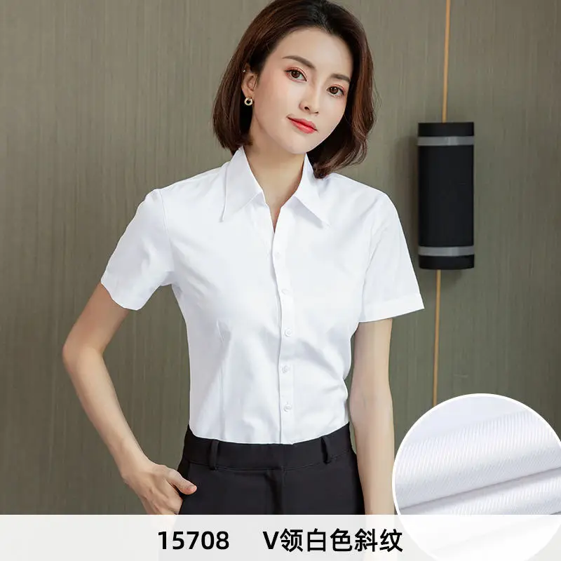 Women's Blue Velvet Button-Down Shirt Short Sleeve Business Wear - Image 14