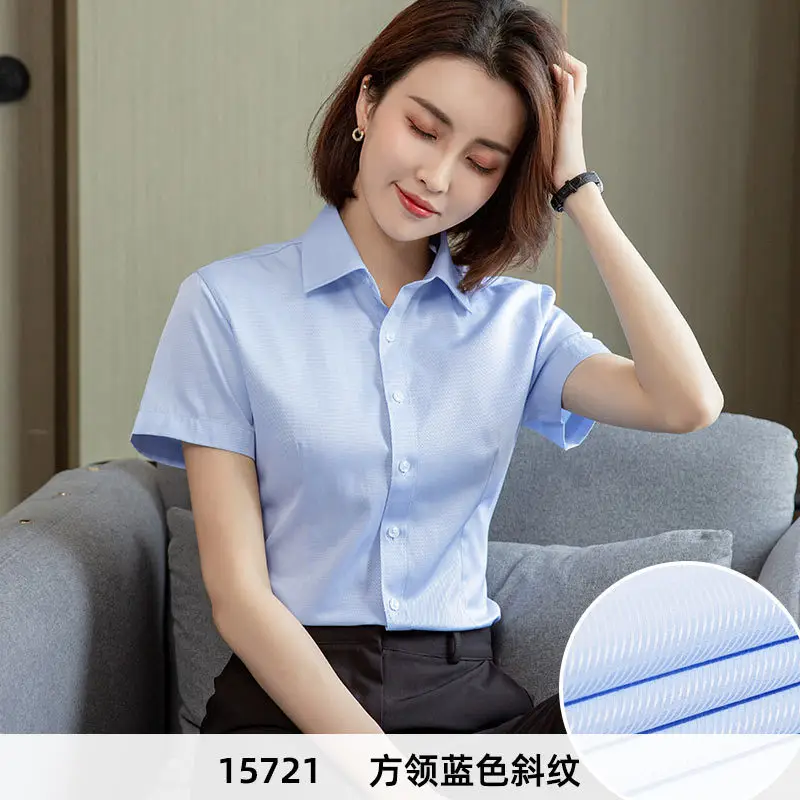 Women's Blue Velvet Button-Down Shirt Short Sleeve Business Wear - Image 15