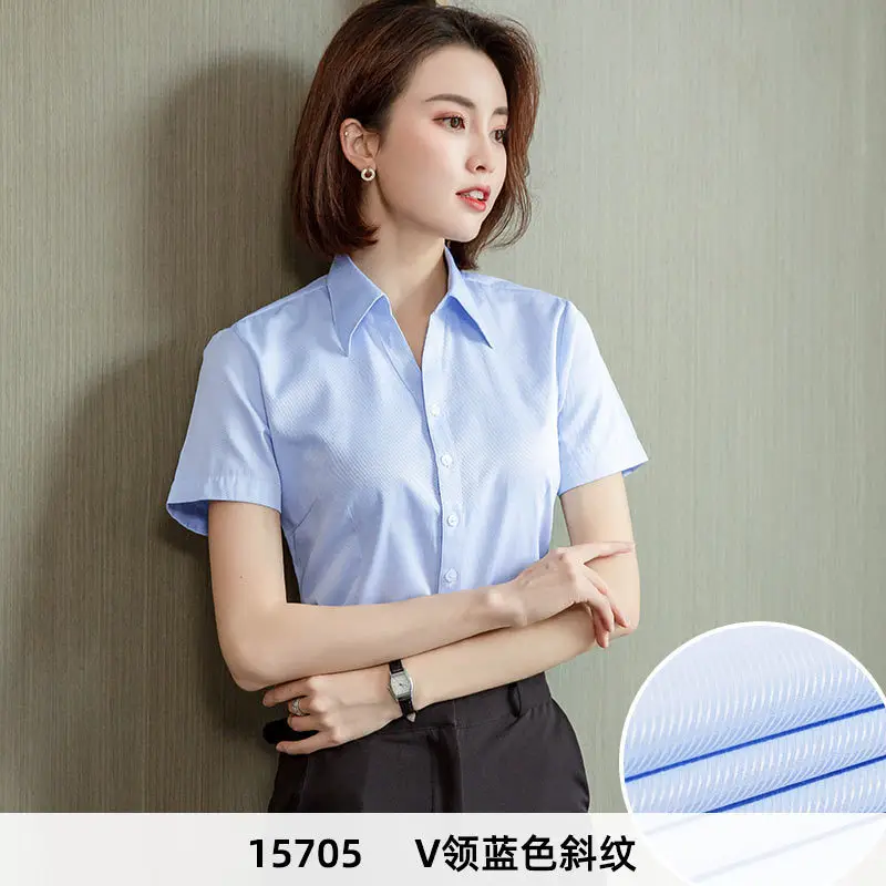 Women's Blue Velvet Button-Down Shirt Short Sleeve Business Wear - Image 16