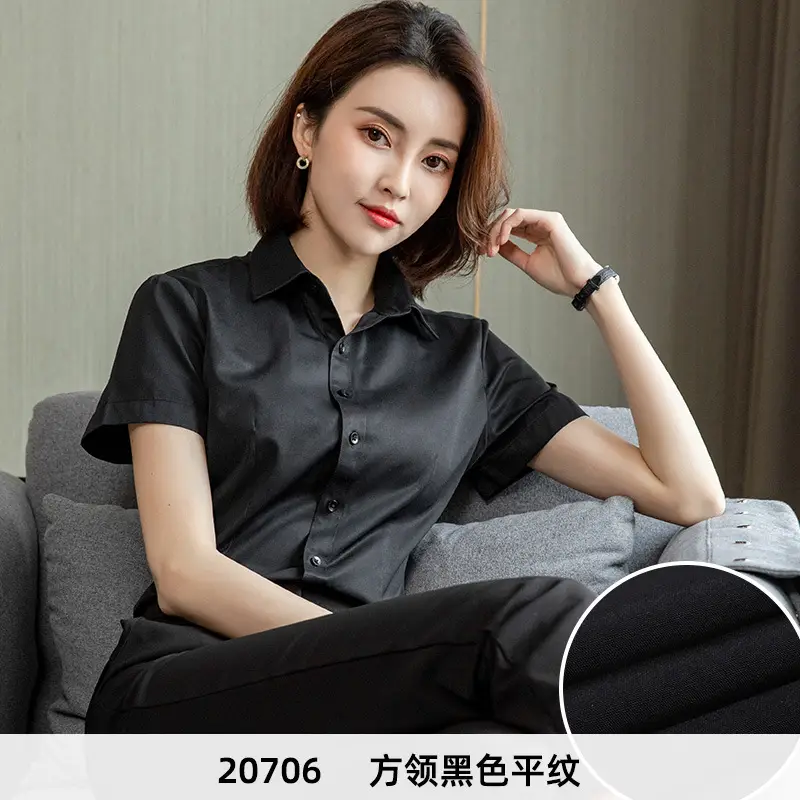 Women's Blue Velvet Button-Down Shirt Short Sleeve Business Wear - Image 17