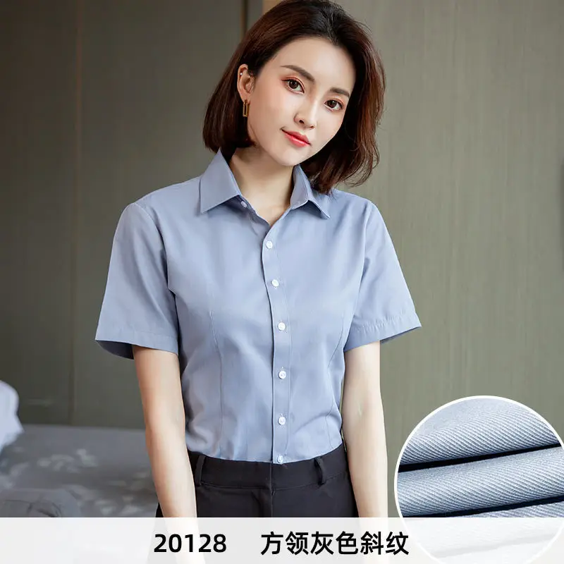 Women's Blue Velvet Button-Down Shirt Short Sleeve Business Wear - Image 18