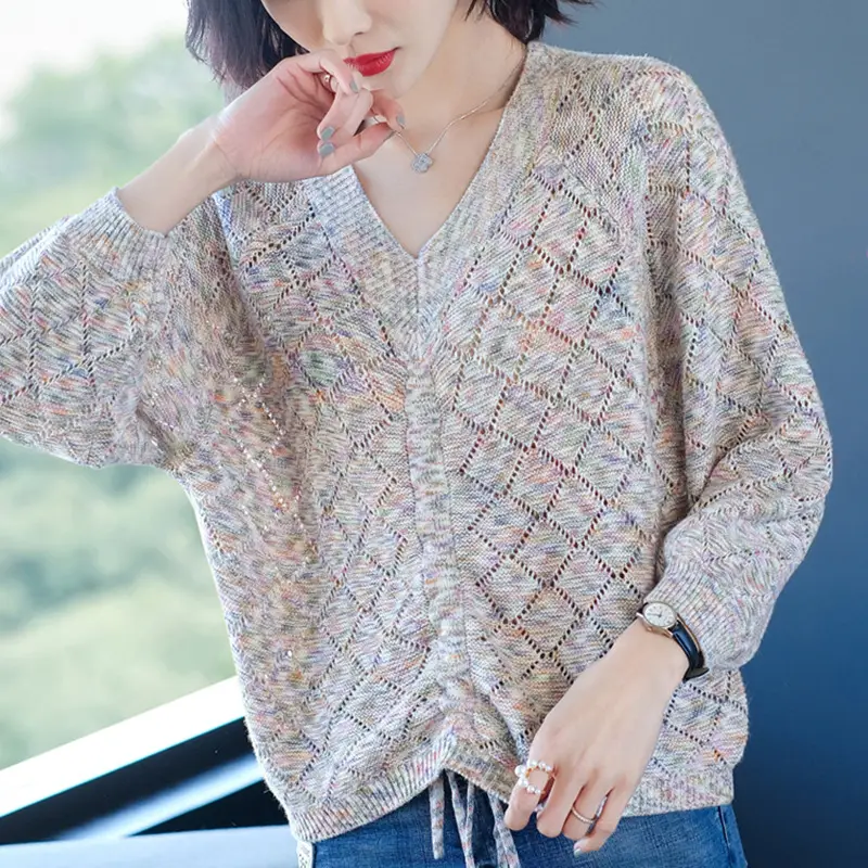 Women's Hollow V-Neck Drawstring Knit T-Shirt Purple