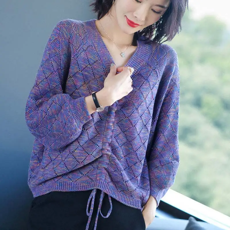 Women's Hollow V-Neck Drawstring Knit T-Shirt Purple