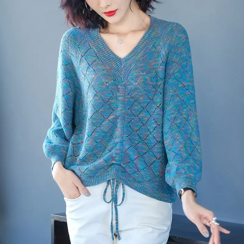 Women's Hollow V-Neck Drawstring Knit T-Shirt Purple