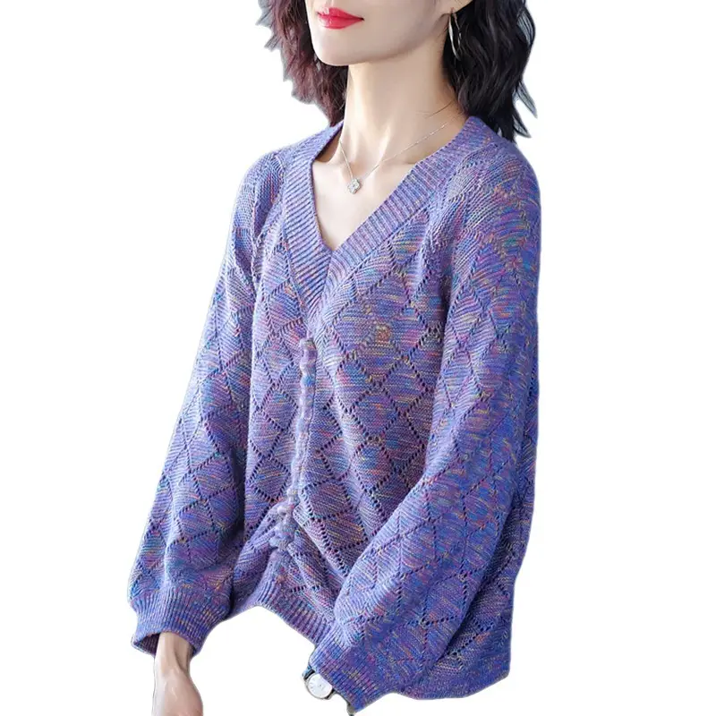 Women's Hollow V-Neck Drawstring Knit T-Shirt Purple