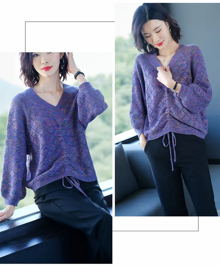 Women's Hollow V-Neck Drawstring Knit T-Shirt Purple — feature 8