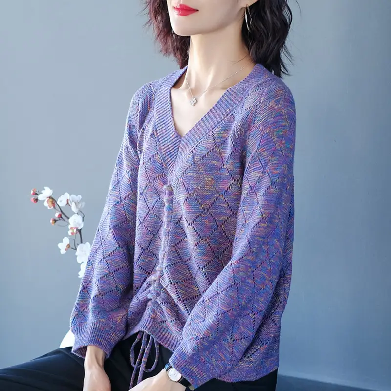 Women's Hollow V-Neck Drawstring Knit T-Shirt Purple