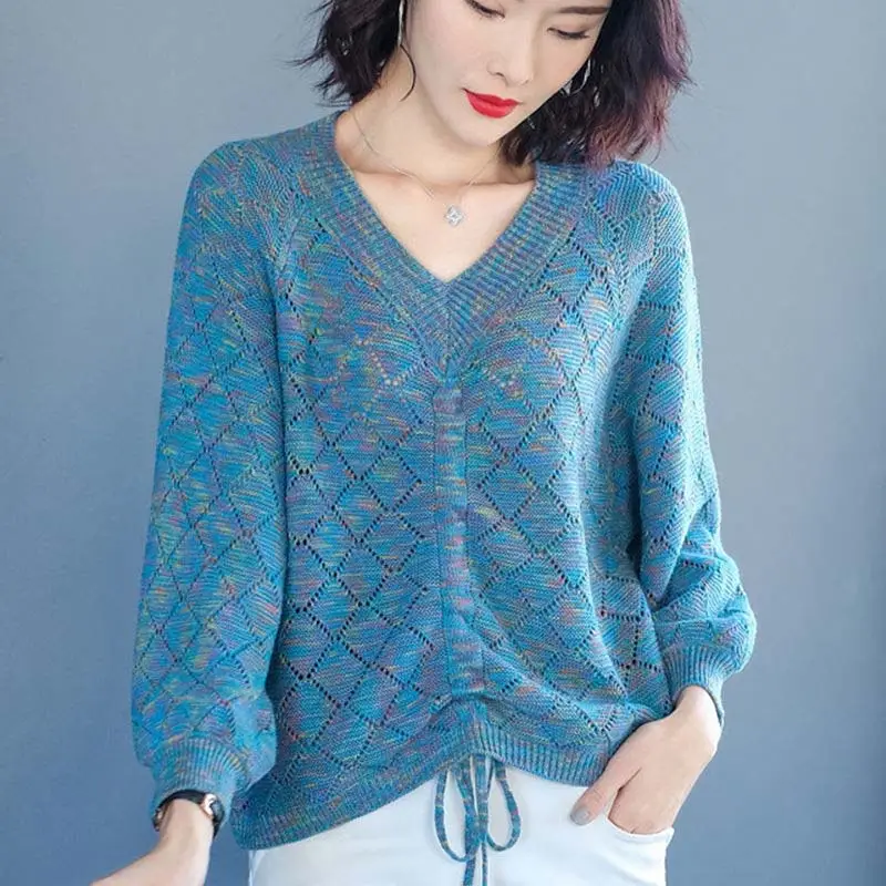 Women's Hollow V-Neck Drawstring Knit T-Shirt Purple