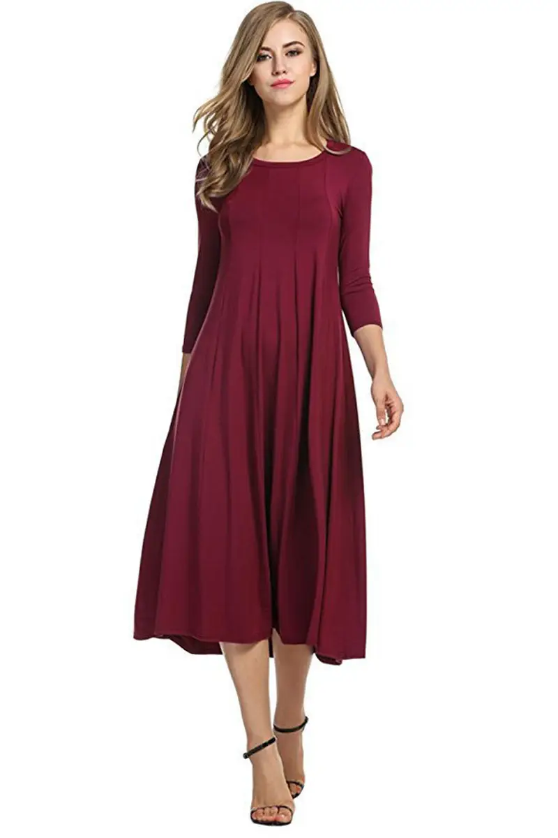 Maroon Pleated 3/4 Sleeve Dress Large Hem - Image 3