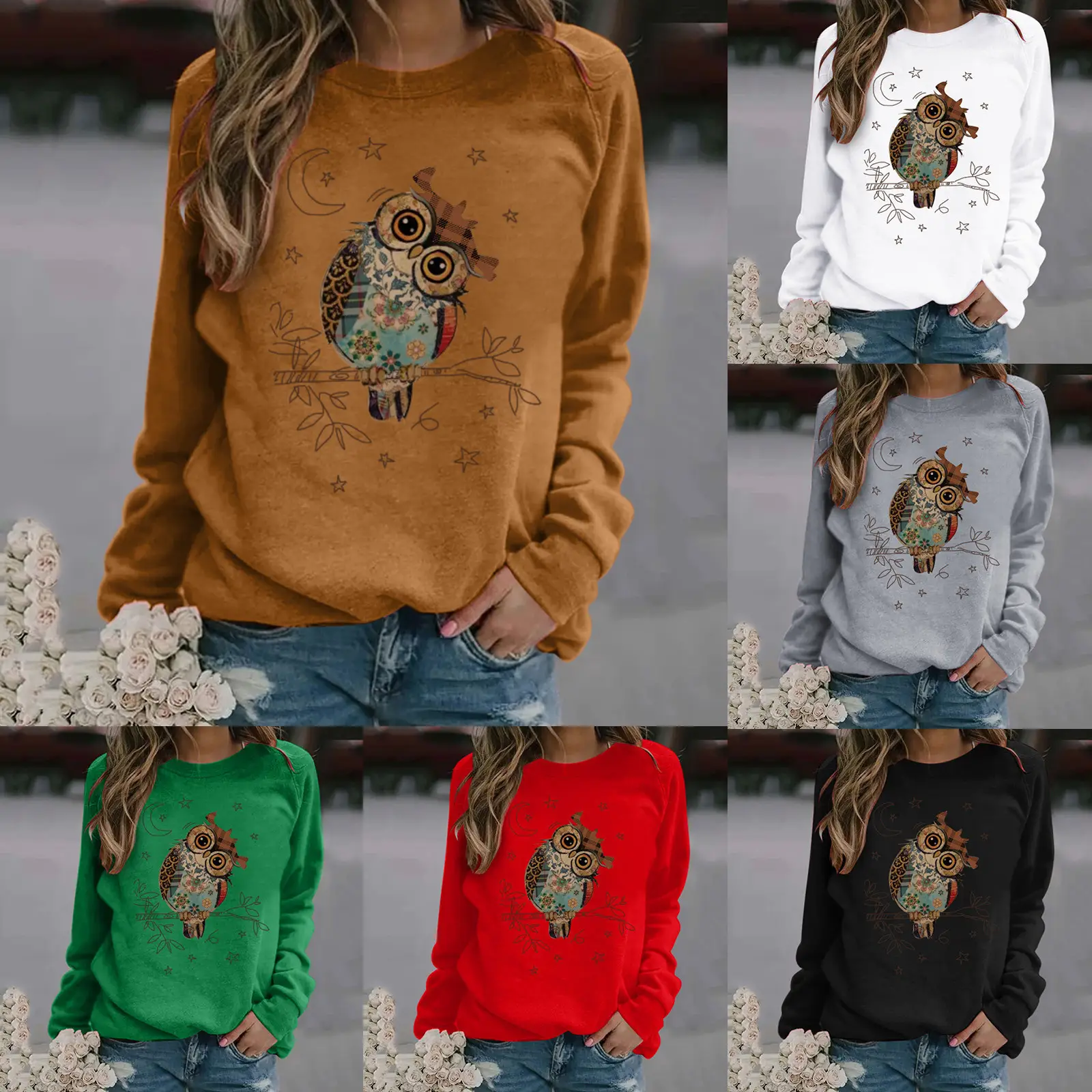 Women Red Owl Print Long Sleeve Sweatshirt