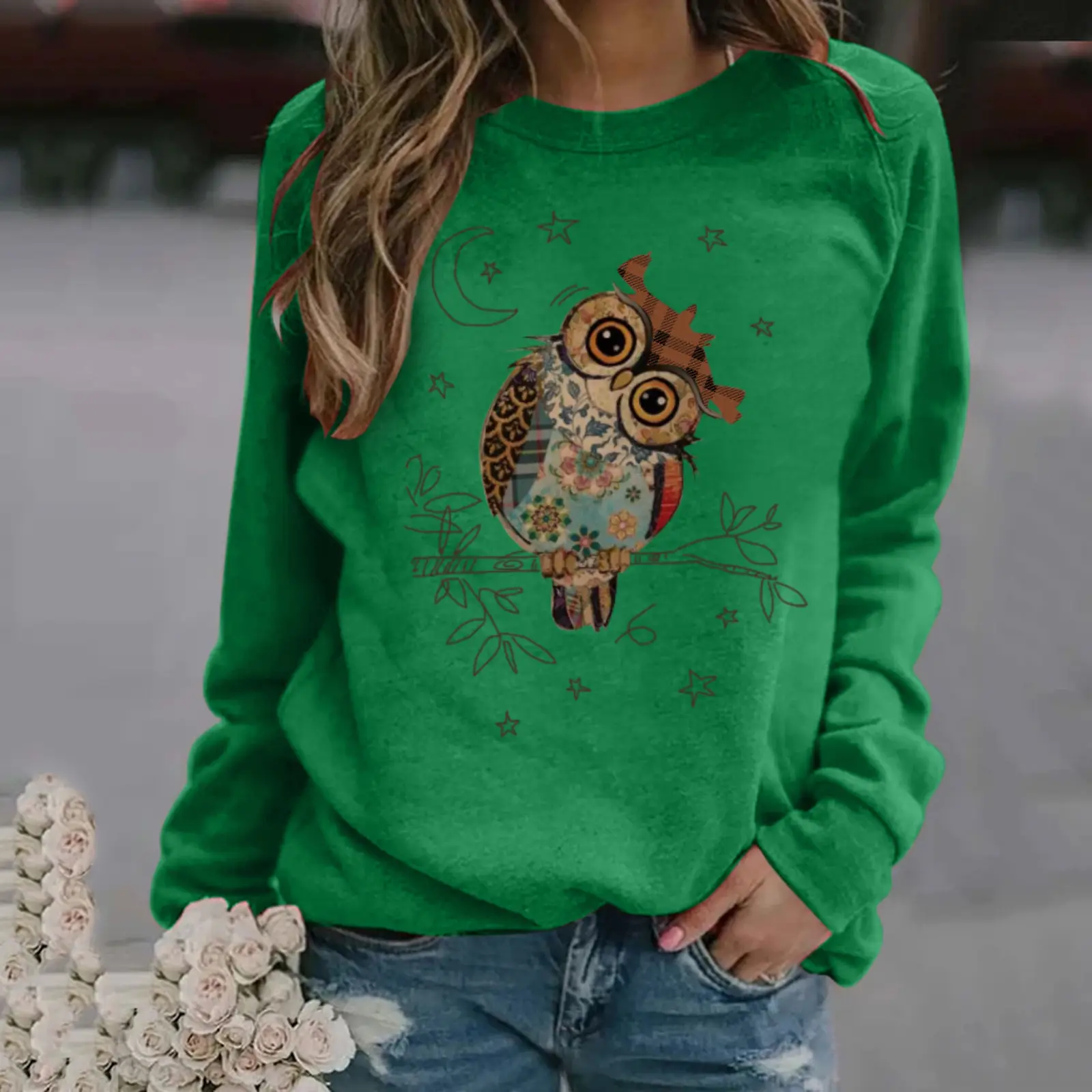 Women Red Owl Print Long Sleeve Sweatshirt