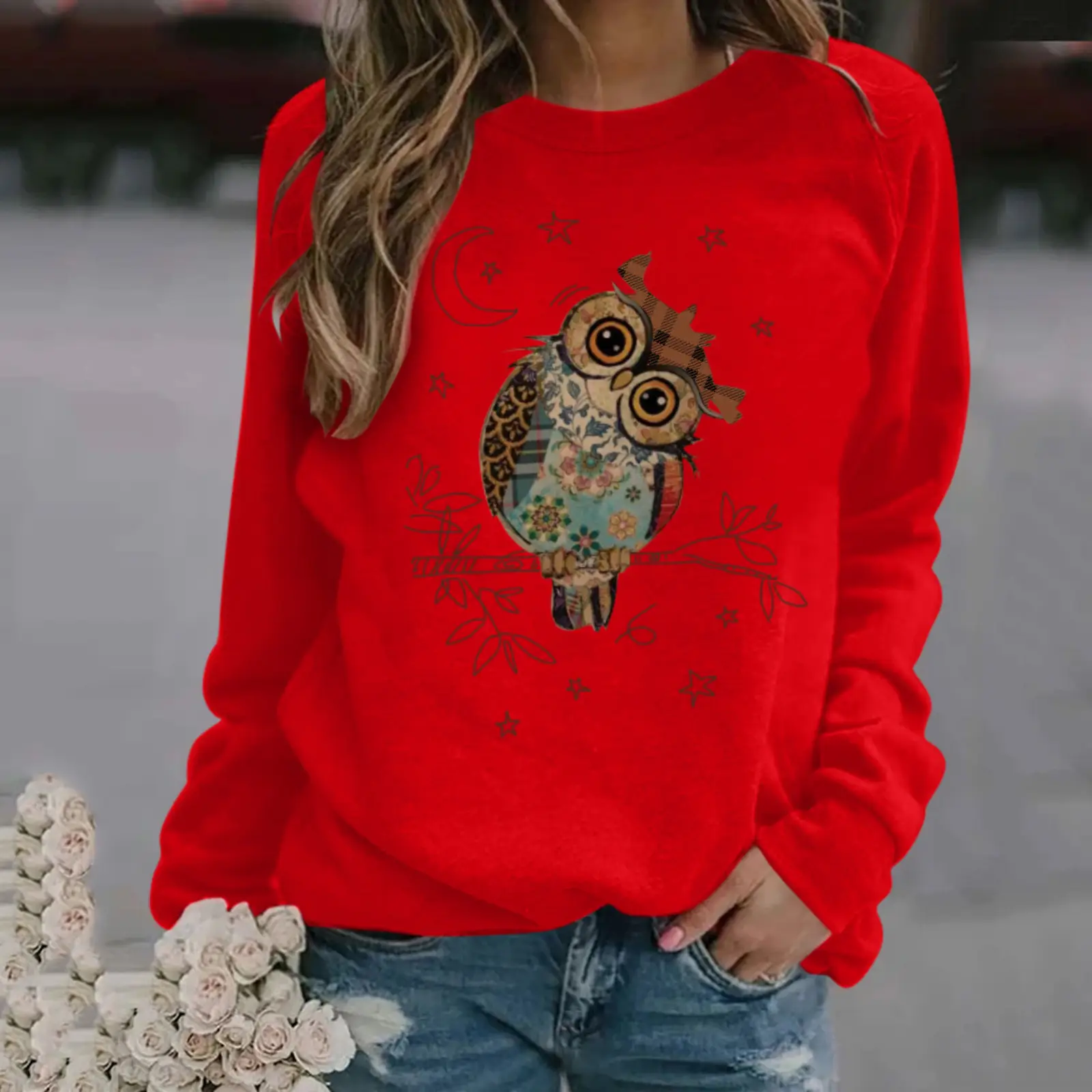 Women Red Owl Print Long Sleeve Sweatshirt
