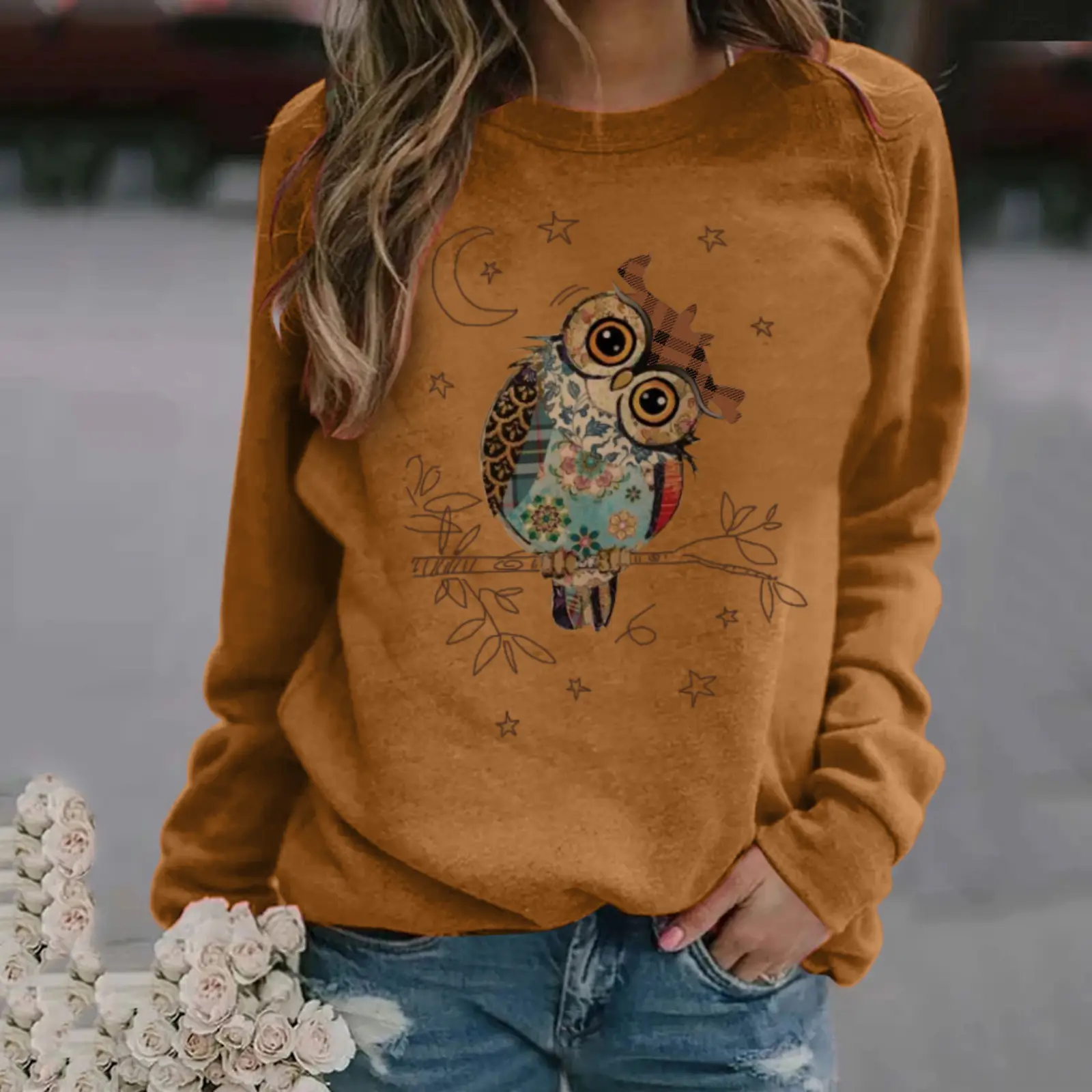 Women Red Owl Print Long Sleeve Sweatshirt