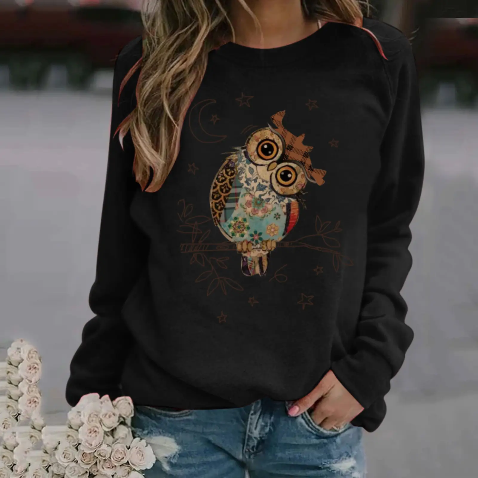 Women Red Owl Print Long Sleeve Sweatshirt