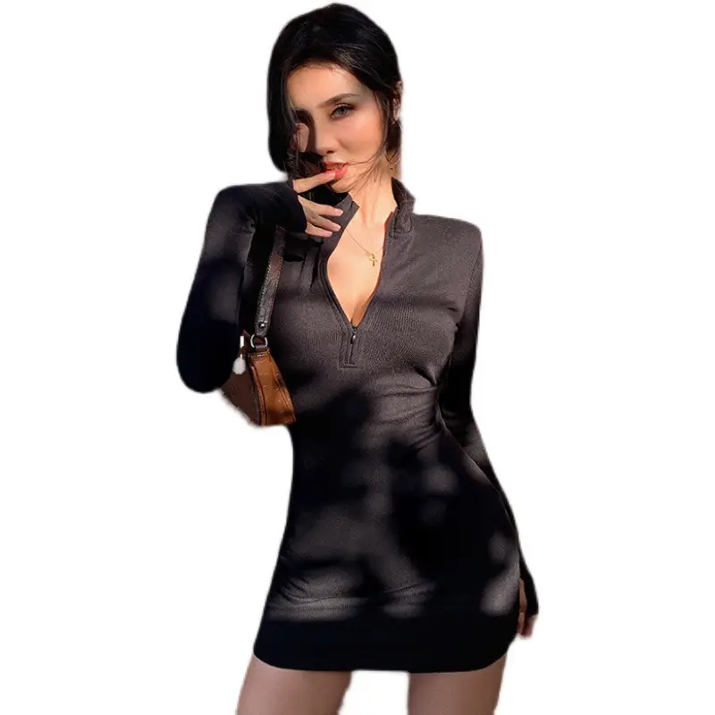 Long Sleeve Zipper V Neck Hip Covering Slim Dress Black