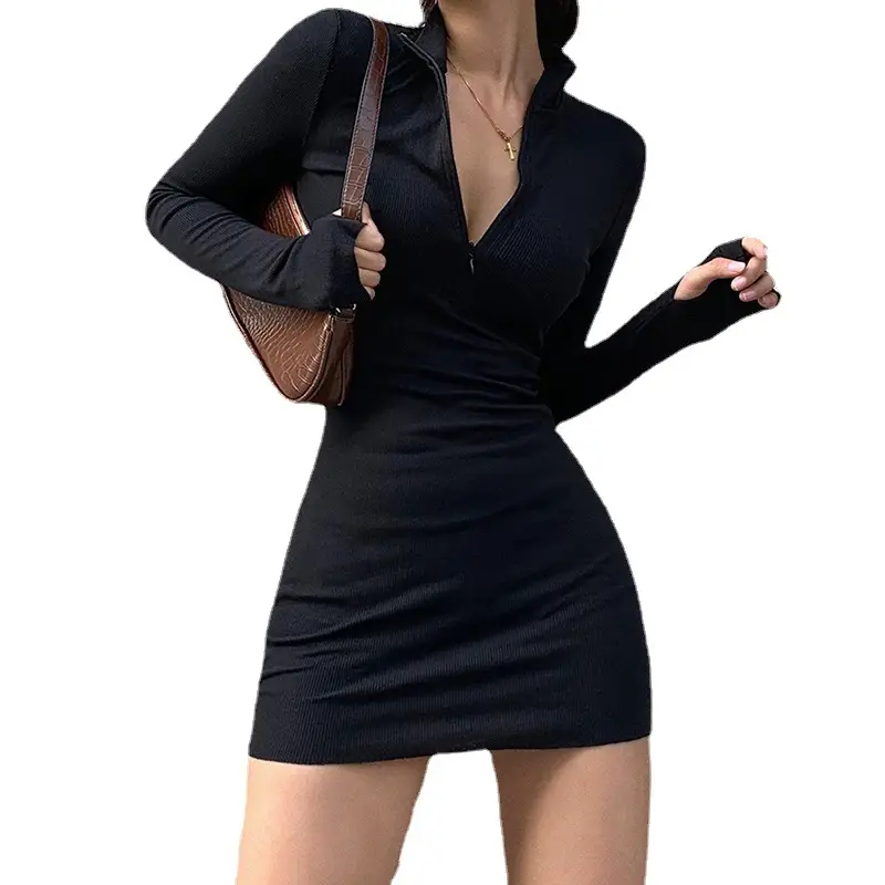 Long Sleeve Zipper V Neck Hip Covering Slim Dress Black