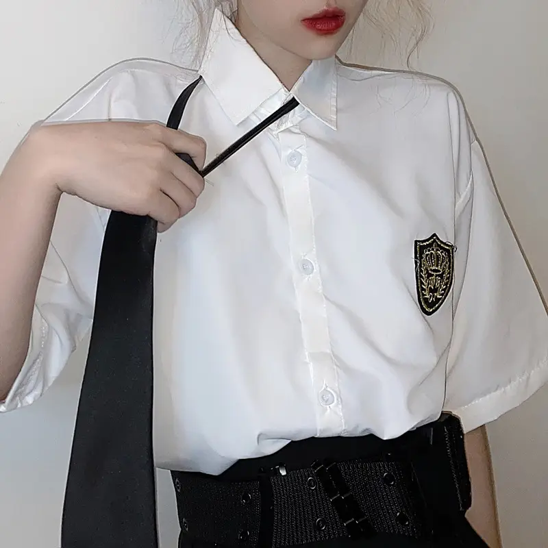 2021 Women's Gray Short Sleeve Collar Shirt with Black Tie & Badge - Image 6