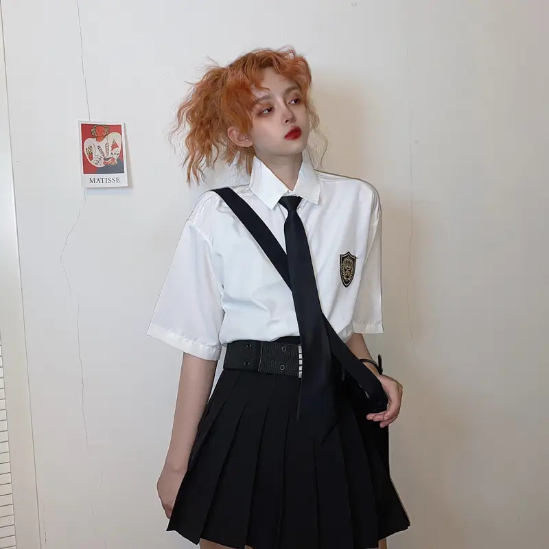 2021 Women's Gray Short Sleeve Collar Shirt with Black Tie & Badge - Image 7