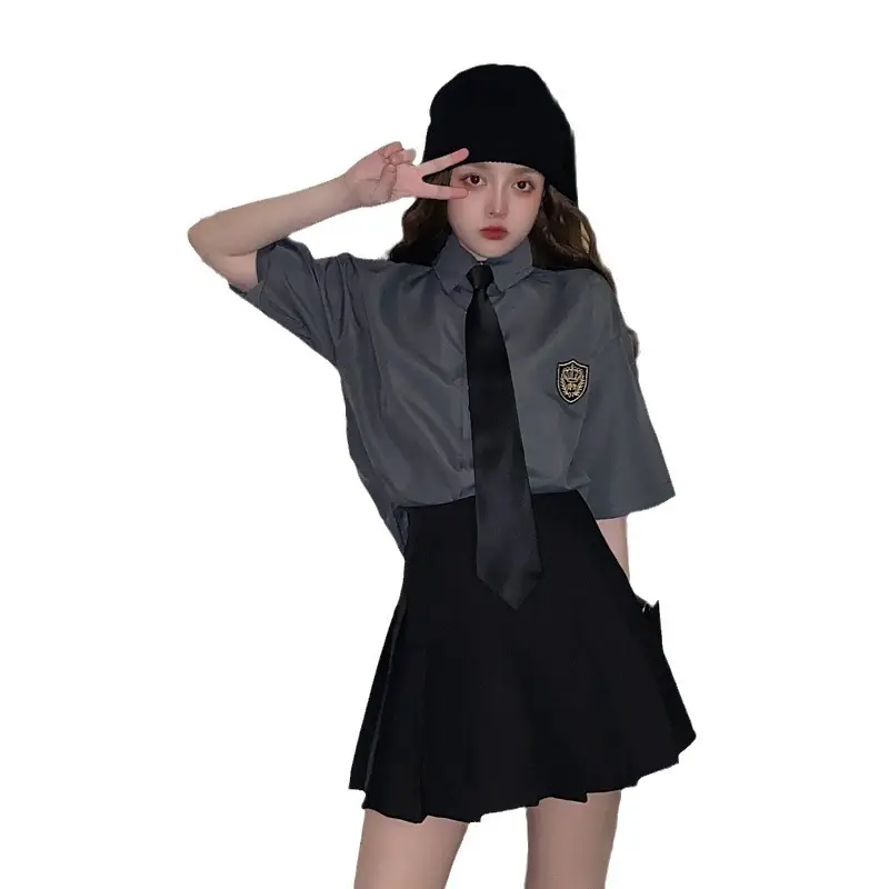 2021 Women's Gray Short Sleeve Collar Shirt with Black Tie & Badge - Image 9