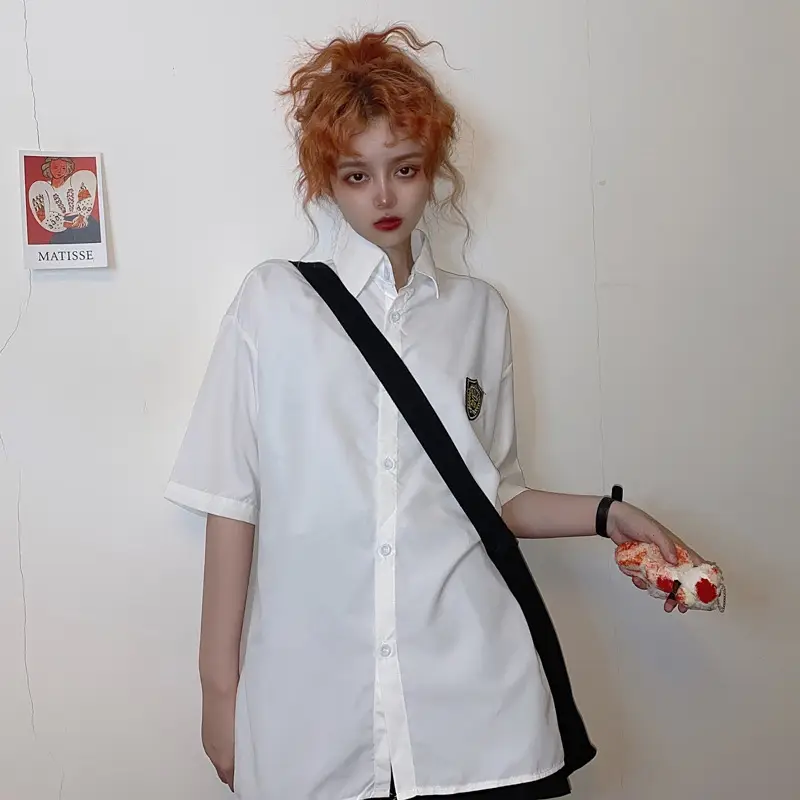 2021 Women's Gray Short Sleeve Collar Shirt with Black Tie & Badge — feature 2