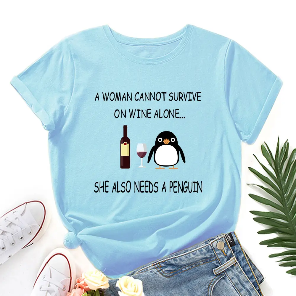 Women Red Wine Penguin T-Shirt Short Sleeve Loose Fit - Image 12