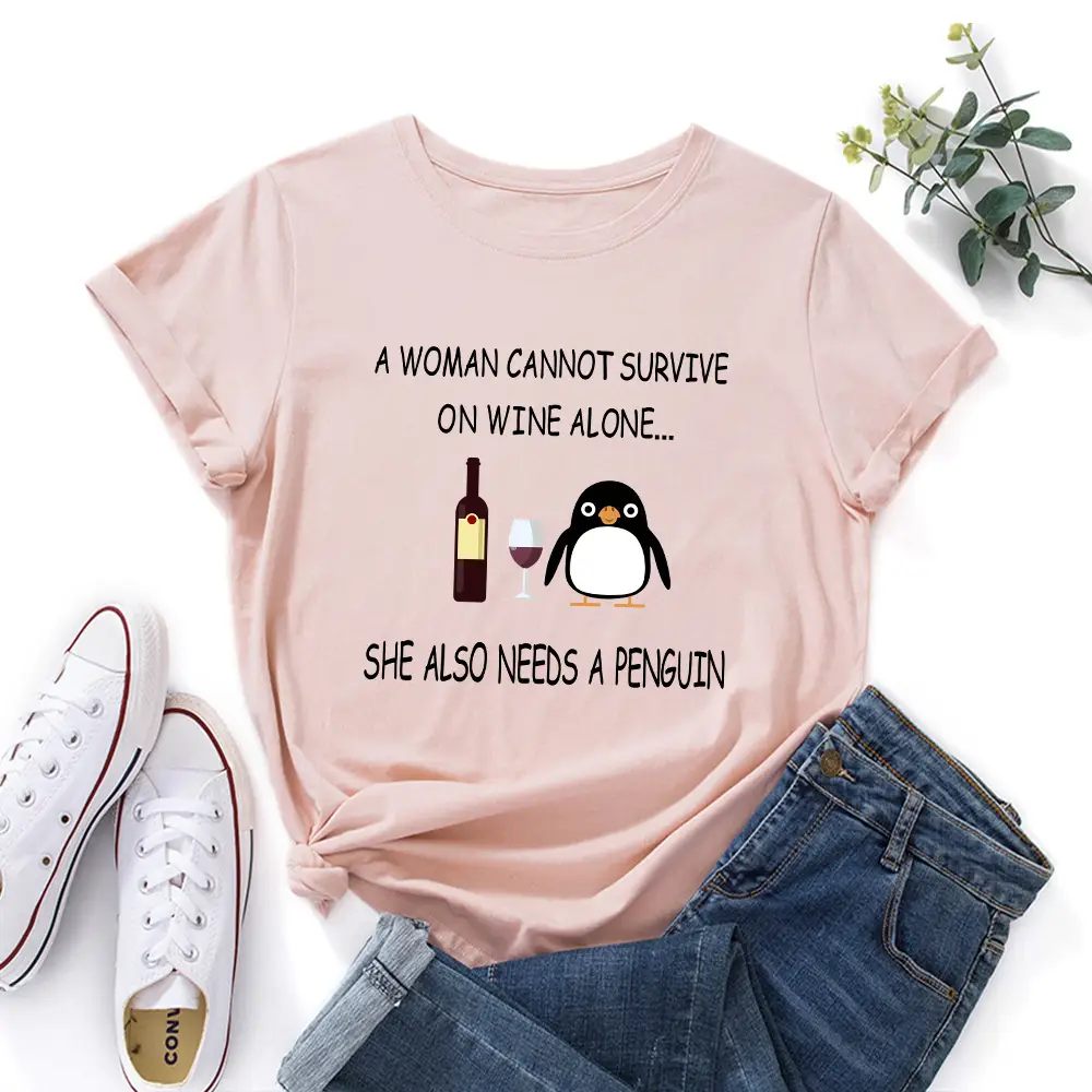 Women Red Wine Penguin T-Shirt Short Sleeve Loose Fit - Image 13