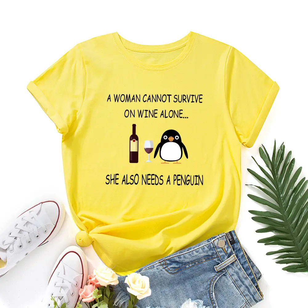 Women Red Wine Penguin T-Shirt Short Sleeve Loose Fit - Image 2