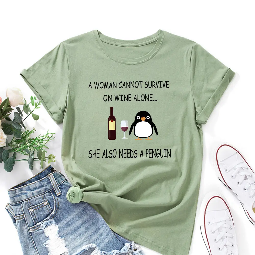 Women Red Wine Penguin T-Shirt Short Sleeve Loose Fit - Image 10