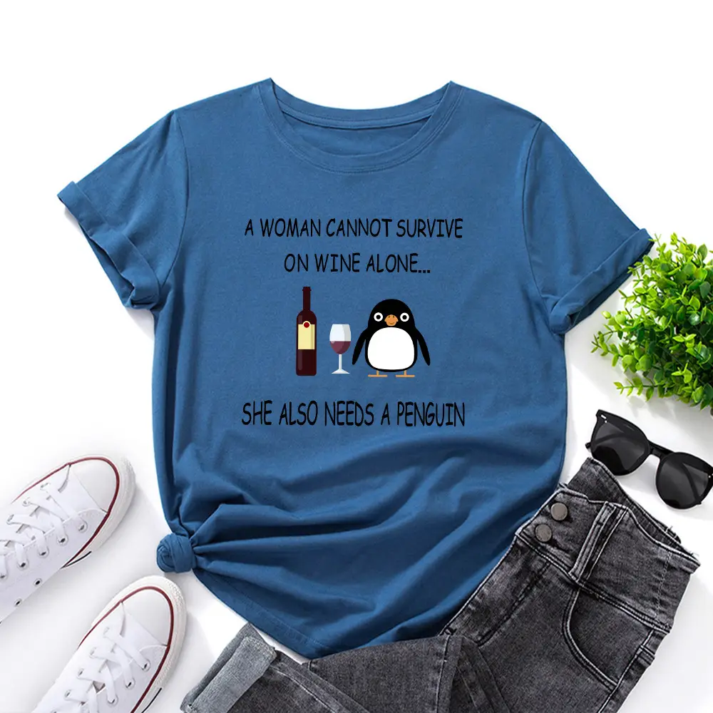 Women Red Wine Penguin T-Shirt Short Sleeve Loose Fit - Image 4